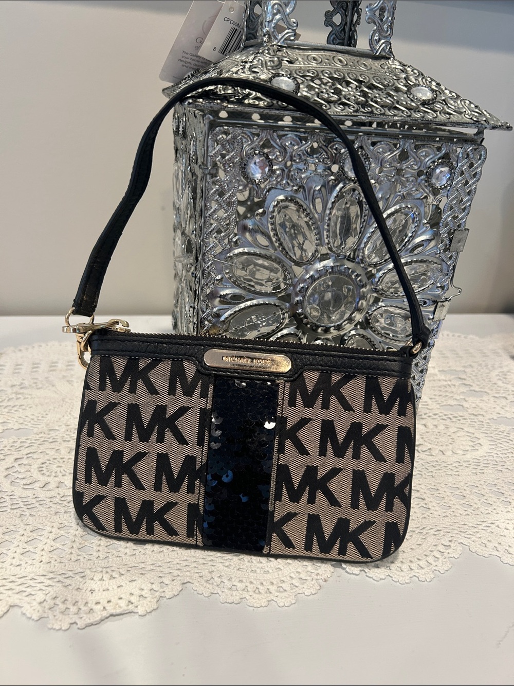 Michael Kors Black and Beige Logo Sequin Wristlet